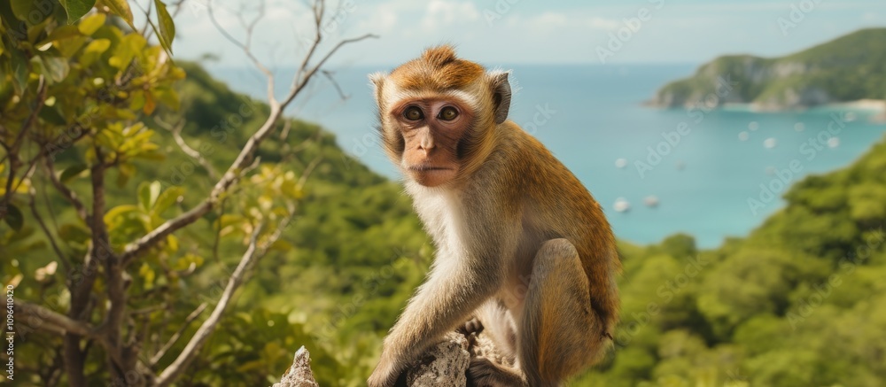Naklejka premium Primate on Koh Samui Island overlooking the scenic Mu Ko Ang Thong National Park in Thailand with lush greenery and ocean views.