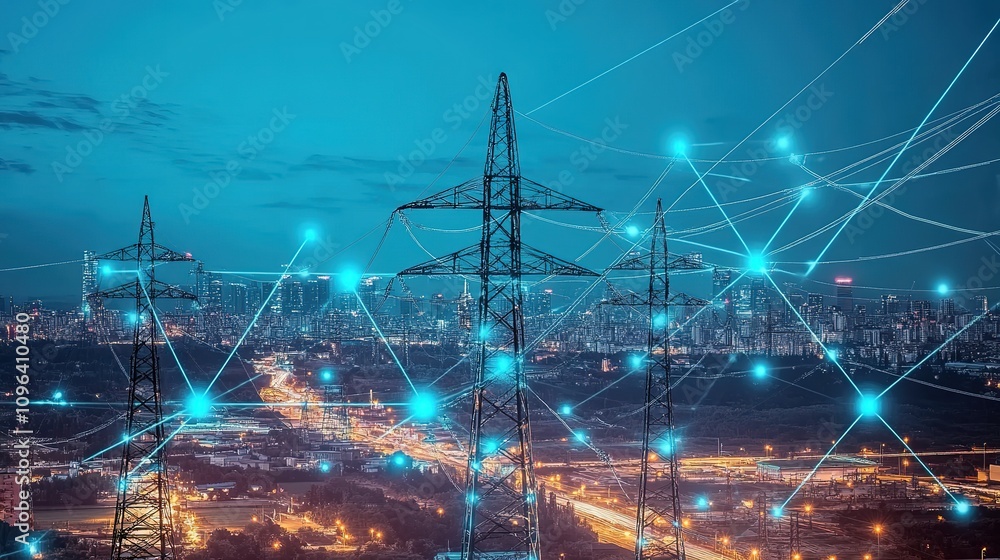Urban electricity poles linked to a smart grid for energy distribution and transmission, emphasizing high-voltage supply. 8k Resolution Urban electricity poles linked to a smart grid for energy distribution and transmission, emphasizing high-voltage supply. 8k Resolution