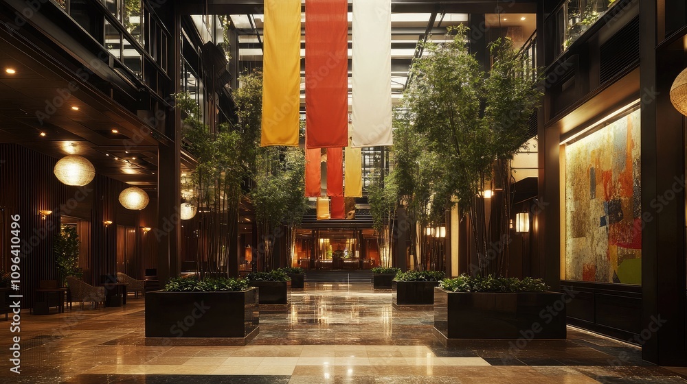 Fototapeta premium Elegant Modern Lobby Design with Striking Banners and Lush Greenery in a Contemporary Hotel Interior Setting
