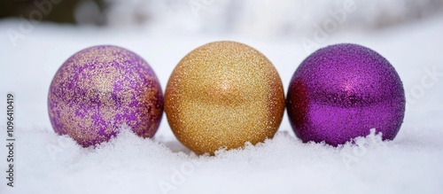 Glittery purple and gold Christmas ornaments resting on fresh white snow for a festive winter holiday scene photo