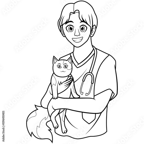 Veterinarian holding a cat line art