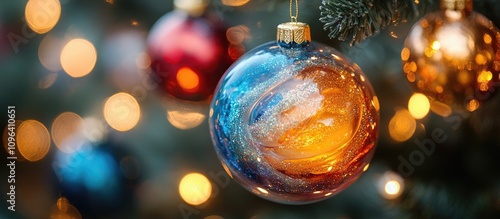 Close up of beautifully illuminated Christmas tree ornaments with sparkling lights and festive decorations creating a warm holiday atmosphere