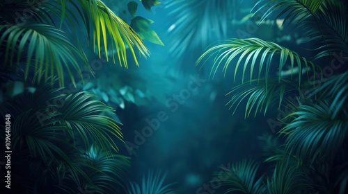 Fototapeta Naklejka Na Ścianę i Meble -  Tropical palm leaves in lush jungle setting. Deep teal and emerald green foliage creates mysterious rainforest atmosphere with natural bokeh effect and dramatic lighting. 8k desktop wallpaper