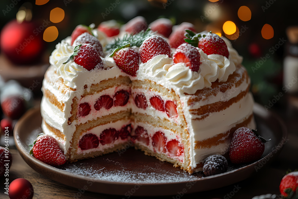 Strawberry cream roulade on a cake plate, fresh strawberries and whipped cream around, cheerful christmas kitchen vibe Strawberry cream roulade on a cake plate, fresh strawberries and whipped cream around, cheerful christmas kitchen vibe