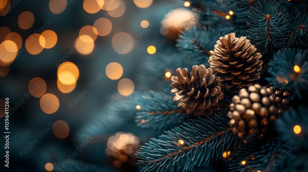Christmas background with fir branches pine cones and lights on a bokeh background. Place for text. Copy space. Greeting card. Christmas background with fir branches pine cones and lights on a bokeh background. Place for text. Copy space. Greeting card.