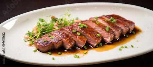 Pan-Seared Duck Breast Served with Garlic Butter Garnish and Fresh Scallions Elegant Dish Ideal for Upscale Dining or Gourmet Events