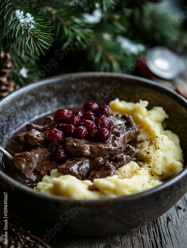 Finnish poronkäristys (sautéed reindeer) with mashed potatoes and lingonberries, served in a rustic bowl photo