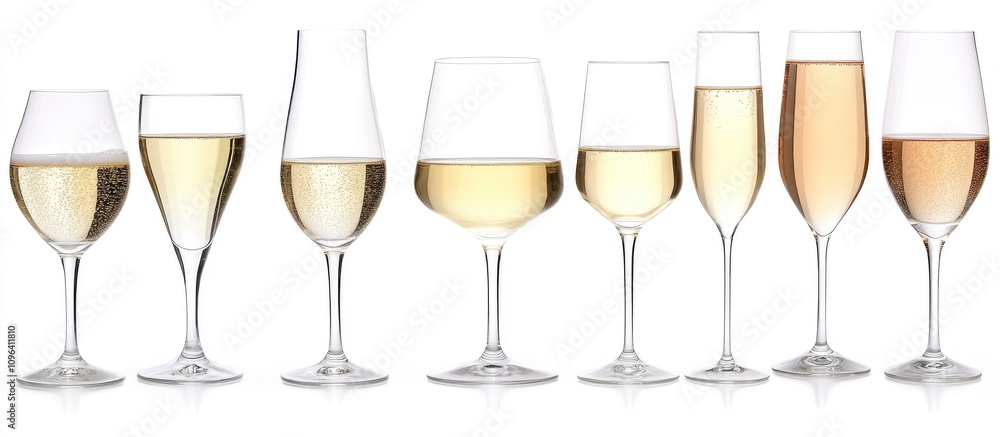 Various elegant champagne glasses arranged in a line showcasing different styles and colors for a wedding celebration. Various elegant champagne glasses arranged in a line showcasing different styles and colors for a wedding celebration.