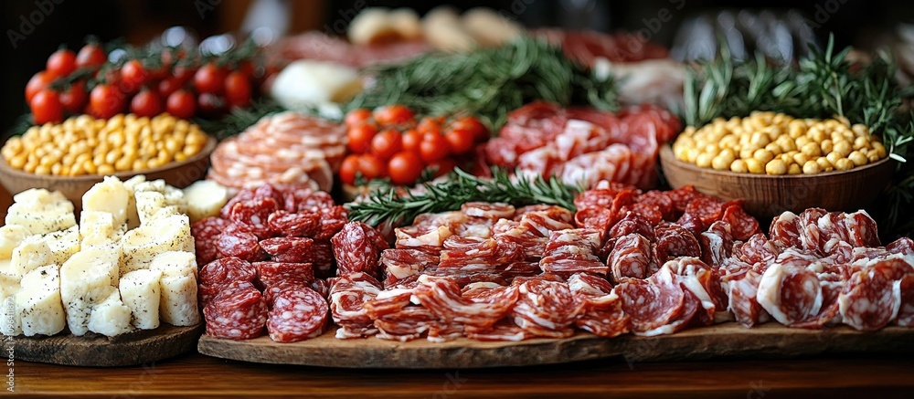 Artisan meat and cheese platter elegantly arranged on a rustic banquet table with fresh herbs and garnishes Artisan meat and cheese platter elegantly arranged on a rustic banquet table with fresh herbs and garnishes