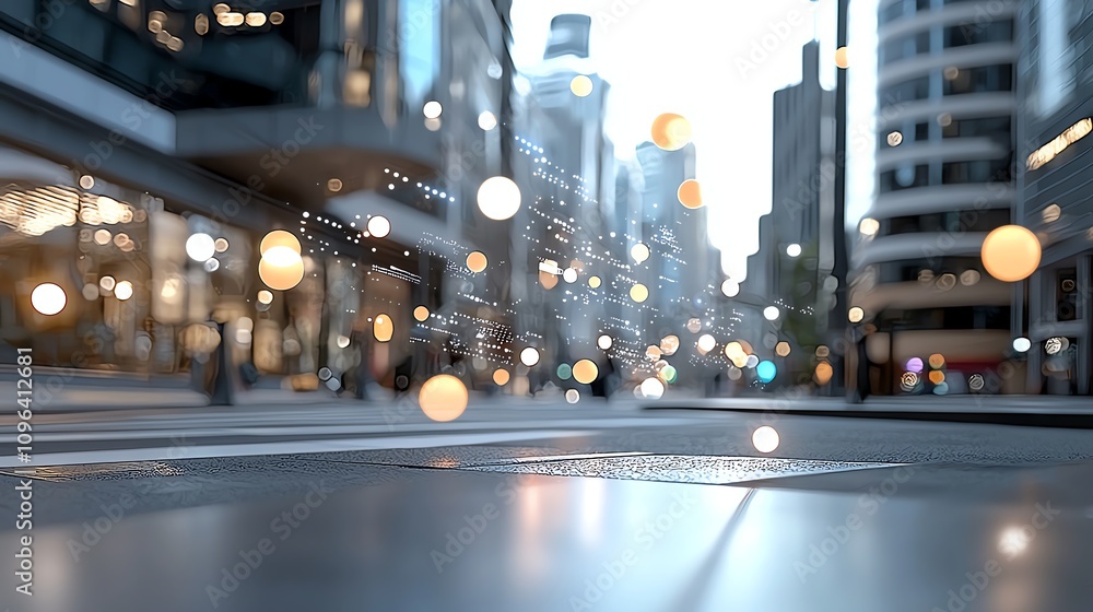 Fototapeta premium City street with glowing orbs and skyscrapers.