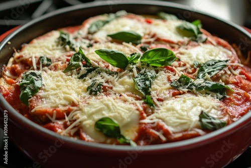 Creamy Parmesan Casserole with Basil - Delicious cheesy casserole, perfect comfort food. Layers of pasta, tomato sauce, cheese, and fresh basil. Italian, home-cooked, family meal.