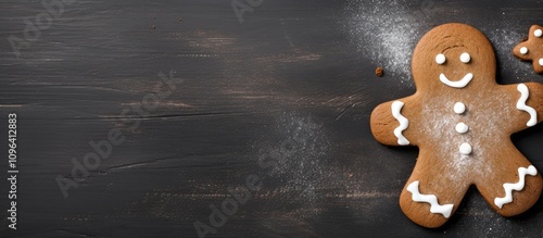 Gingerbread cookie on a wooden surface with flour and space for text ideal for holiday baking or festive themes photo