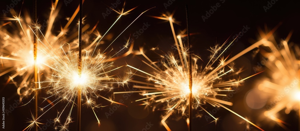Close-up shot of glowing sparklers illuminating the darkness with vibrant sparks and shimmering light effects for celebratory occasions. Close-up shot of glowing sparklers illuminating the darkness with vibrant sparks and shimmering light effects for celebratory occasions.