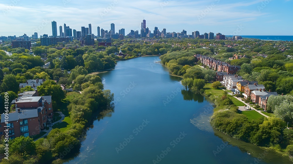 Aerial view of a serene river surrounded by lush greenery and a vibrant skyline. Aerial view of a serene river surrounded by lush greenery and a vibrant skyline.