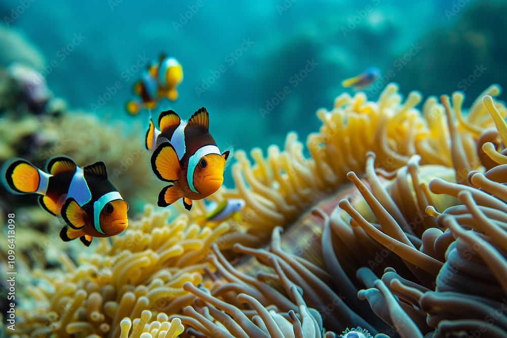 Fantastically beautiful bright clownfish swims in deep sea among corals Fantastically beautiful bright clownfish swims in deep sea among corals