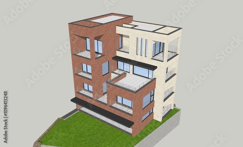 3d modeling of a modern, multi-level residential or commercial building with a minimalist architectural design. The structure is primarily composed of red brick with large glass windows and balconies