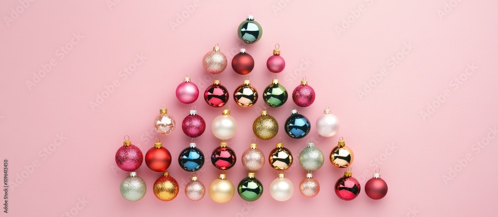 Christmas ornaments arranged as a tree on pink background creating a festive winter holiday greeting card mockup with empty space for text Christmas ornaments arranged as a tree on pink background creating a festive winter holiday greeting card mockup with empty space for text