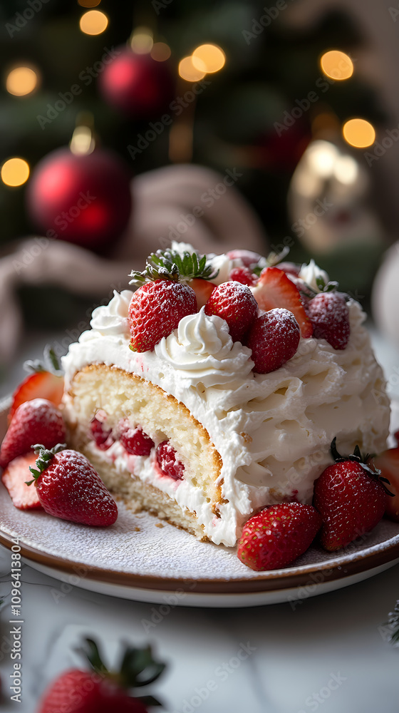 Strawberry cream roulade on a cake plate, fresh strawberries and whipped cream around, cheerful christmas kitchen vibe Strawberry cream roulade on a cake plate, fresh strawberries and whipped cream around, cheerful christmas kitchen vibe