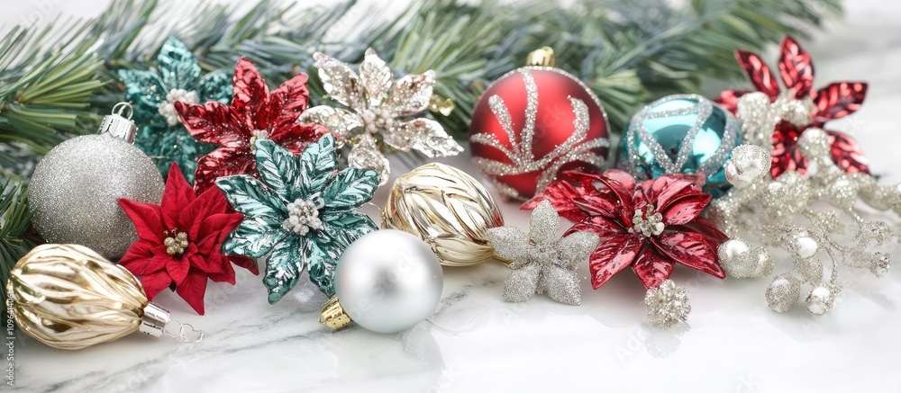 Christmas ornaments and floral decorations arranged beautifully on a festive pine tree enhancing the holiday spirit and seasonal cheer. Christmas ornaments and floral decorations arranged beautifully on a festive pine tree enhancing the holiday spirit and seasonal cheer.