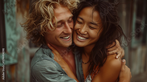 Joyful interracial couple embracing on the beach at sunset.