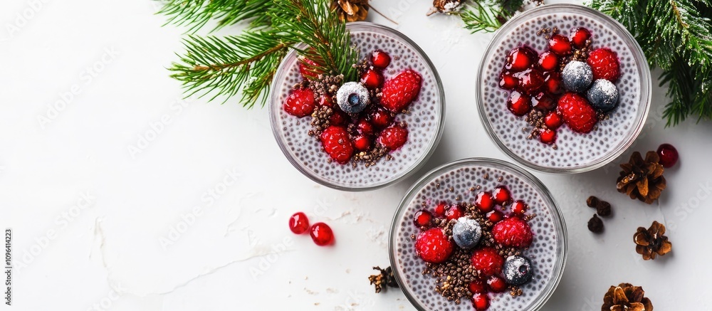 Vegan chia pudding topped with berries for a nutritious healthy breakfast during Christmas festive season Vegan chia pudding topped with berries for a nutritious healthy breakfast during Christmas festive season