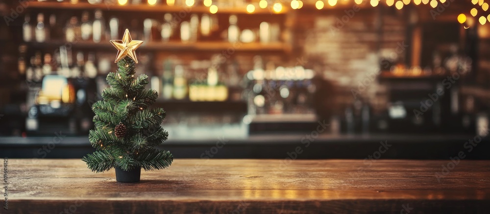 Cozy Christmas tree on bar counter with festive lights creating a warm holiday atmosphere in a rustic setting Cozy Christmas tree on bar counter with festive lights creating a warm holiday atmosphere in a rustic setting