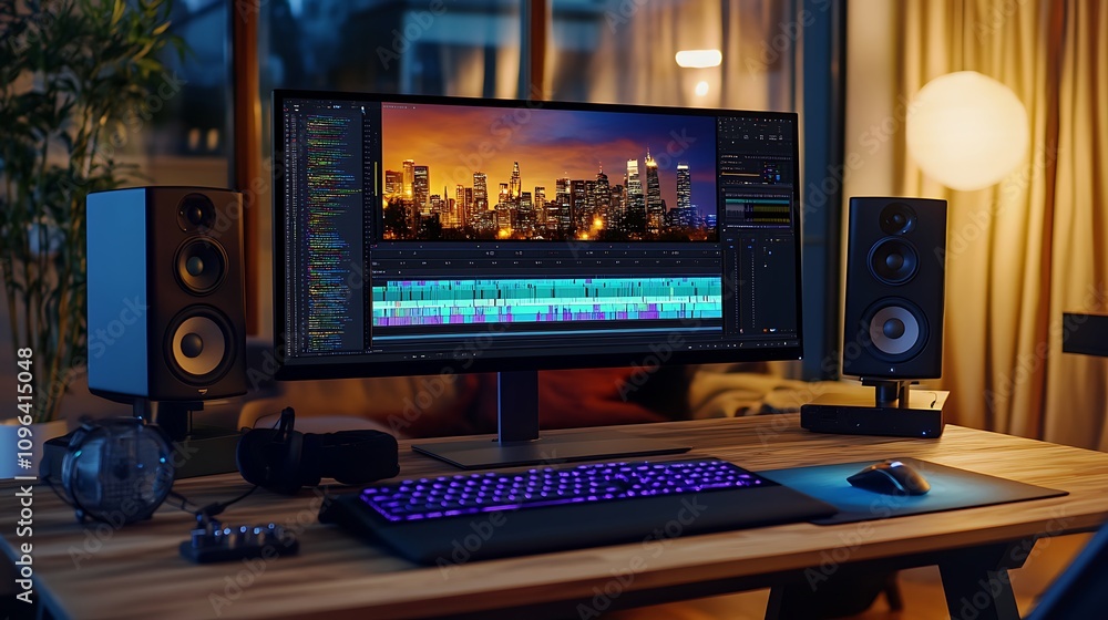 Ambient-lit room with modern workspace and video editing equipment setup. Ambient-lit room with modern workspace and video editing equipment setup.