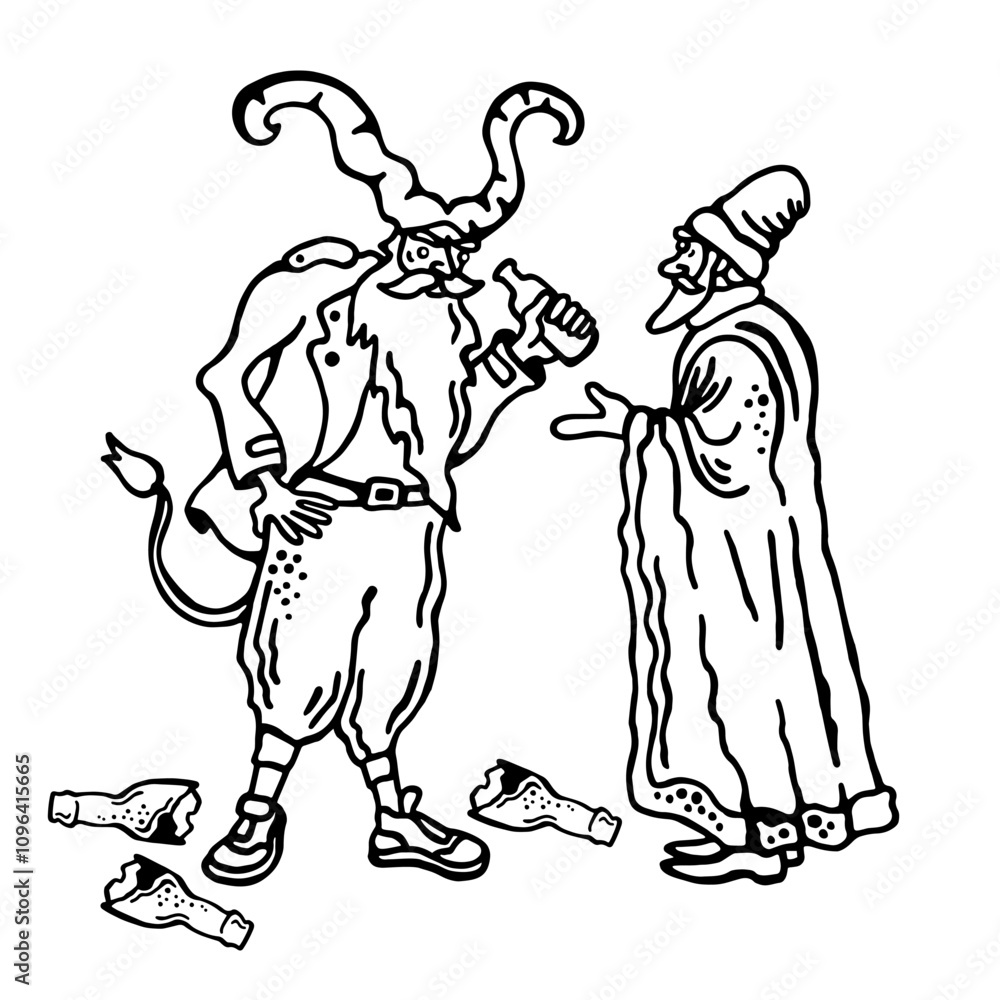 Sketch showing Krampus drinking beer while Saint Nicholas scolds him, highlighting a humorous twist on traditional folklore. Sketch showing Krampus drinking beer while Saint Nicholas scolds him, highlighting a humorous twist on traditional folklore.