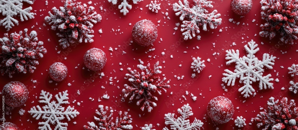 Rustic red Christmas background with handmade snowflakes and decorative ornaments for winter holiday themed design or wallpaper use. Rustic red Christmas background with handmade snowflakes and decorative ornaments for winter holiday themed design or wallpaper use.