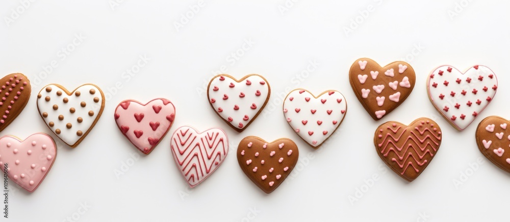 Heart-shaped cookies decorated with icing arranged on a white background perfect for Valentine's Day or sweet occasions. Heart-shaped cookies decorated with icing arranged on a white background perfect for Valentine's Day or sweet occasions.