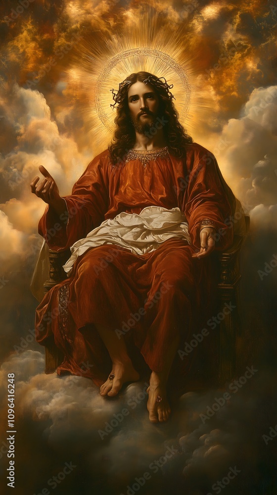 Jesus In Red Robe Fotografia Jesus seated in red robes, radiating light, with a halo and ...