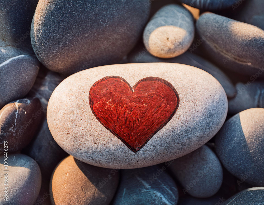 A smooth white stone painted with a bright red heart rests among grey and blue pebbles. A smooth white stone painted with a bright red heart rests among grey and blue pebbles.