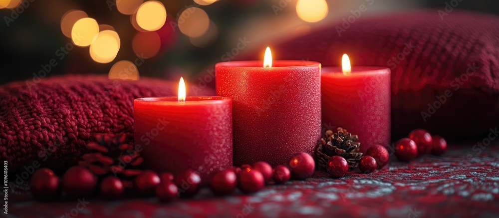 Red holiday candles glowing softly on a festive table adorned with decorative pillows and seasonal accents for a warm Christmas ambiance Red holiday candles glowing softly on a festive table adorned with decorative pillows and seasonal accents for a warm Christmas ambiance