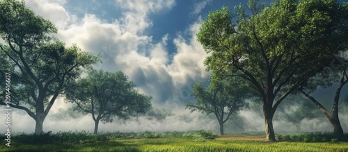 Panoramic view of serene trees under dense clouds and mist creating a tranquil natural landscape with a cool and peaceful ambiance photo