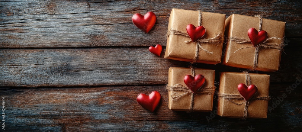 Romantic gift boxes with red hearts arranged on rustic wooden background for Valentine's Day or special occasions Romantic gift boxes with red hearts arranged on rustic wooden background for Valentine's Day or special occasions