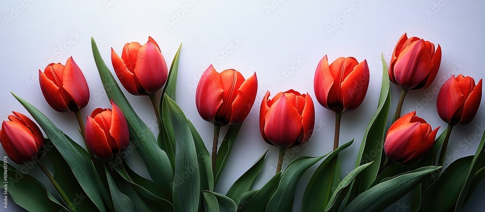 Fototapeta premium Delicate red tulip flowers arranged in a flat lay composition on a white background with ample copy space for elegant designs