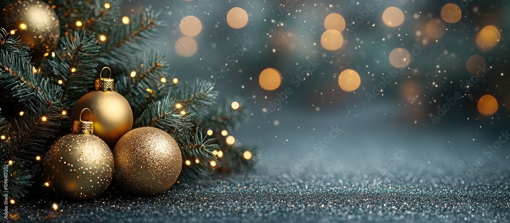 Christmas tree adorned with golden ornaments and lights against a soft gray background creating a festive winter atmosphere. Christmas tree adorned with golden ornaments and lights against a soft gray background creating a festive winter atmosphere.