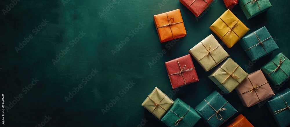 Colorful gift boxes on dark green background with ample space for text or holiday greetings in a top-down view arrangement Colorful gift boxes on dark green background with ample space for text or holiday greetings in a top-down view arrangement