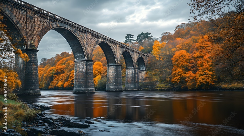 Fototapeta premium A majestic stone bridge spanning a calm river surrounded by vibrant autumn foliage.