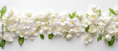 Elegant border of white spring flowers on flat lay paper with ample copy space for text creating a serene floral greeting card design photo