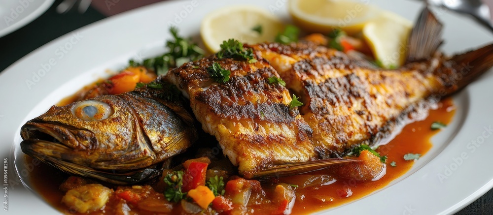 Deliciously Fried Fish Served with Spicy Sauce and Fresh Vegetables on a White Plate Deliciously Fried Fish Served with Spicy Sauce and Fresh Vegetables on a White Plate