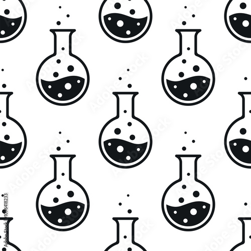 Chemistry flasks and bubbles vector seamless pattern. Black retorts on white background.