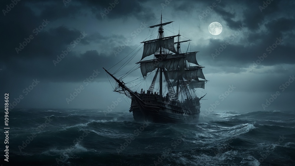 Obraz premium Pirate ship in the ocean at night with full moon