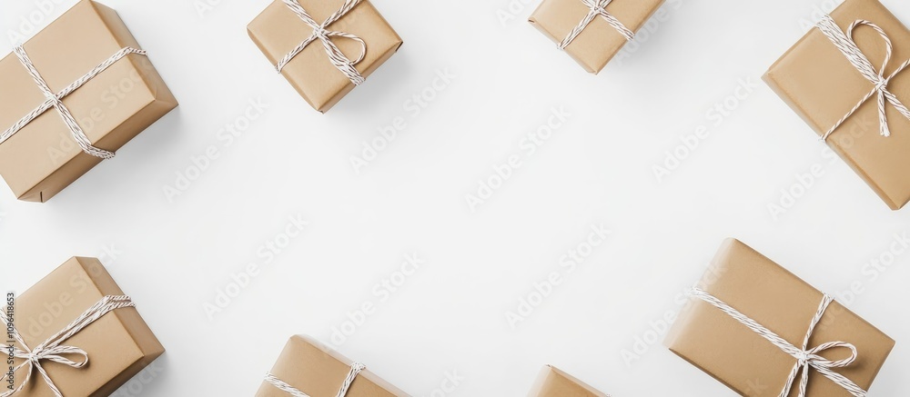 Obraz premium Cyber Monday promotional sale with wrapped gift boxes arranged on a white background in a top view perspective mockup