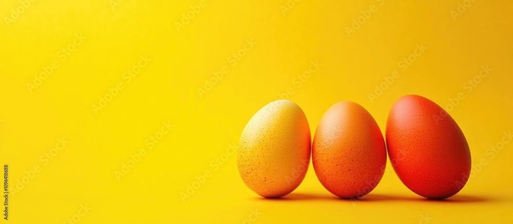 Easter eggs in vibrant colors arranged on a bright yellow background with ample space for creative text or messages. Easter eggs in vibrant colors arranged on a bright yellow background with ample space for creative text or messages.