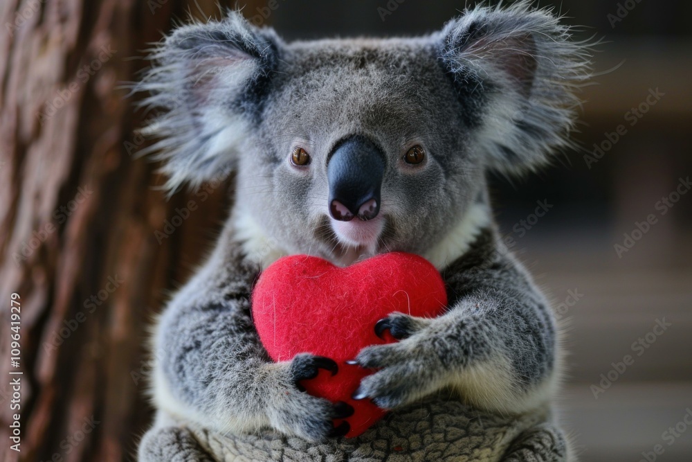 Naklejka premium Charming koala tenderly holds a vibrant red heart, conveying warmth and affection