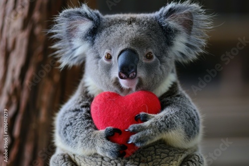 Charming koala tenderly holds a vibrant red heart, conveying warmth and affection