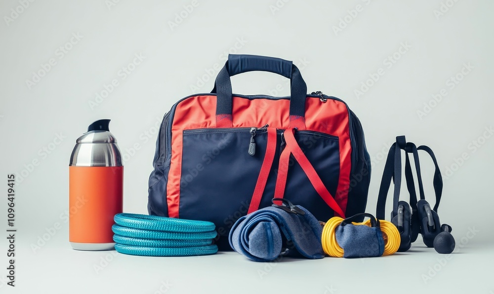 Fototapeta premium Gym bag, water bottle, resistance bands, exercise equipment.
