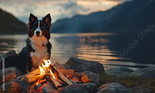 Border Collie by Campfire at Sunset Lakeside