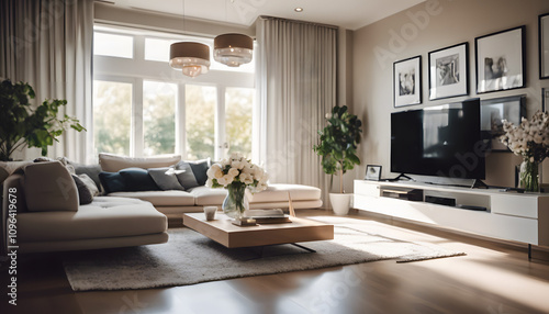 Modern living room interior with fireplace, featuring plush sofa, elegant furniture, and large windows